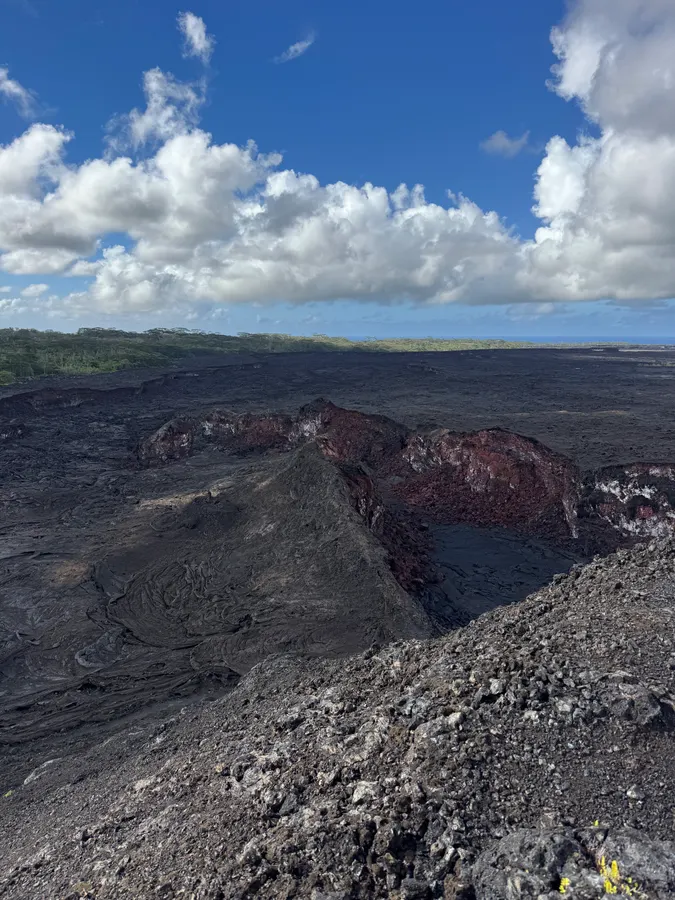 Hardened 2018 lava field around Fissure 8 with a breached spatter cone