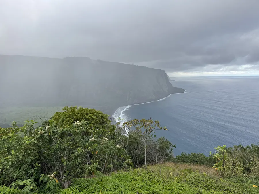A lush green valley meeting the ocean on the Hāmākua Coast