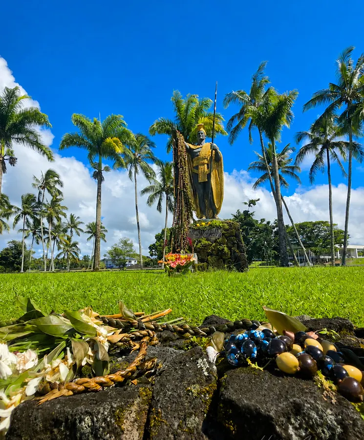 King Kamehameha statue in Hilo draped with lei