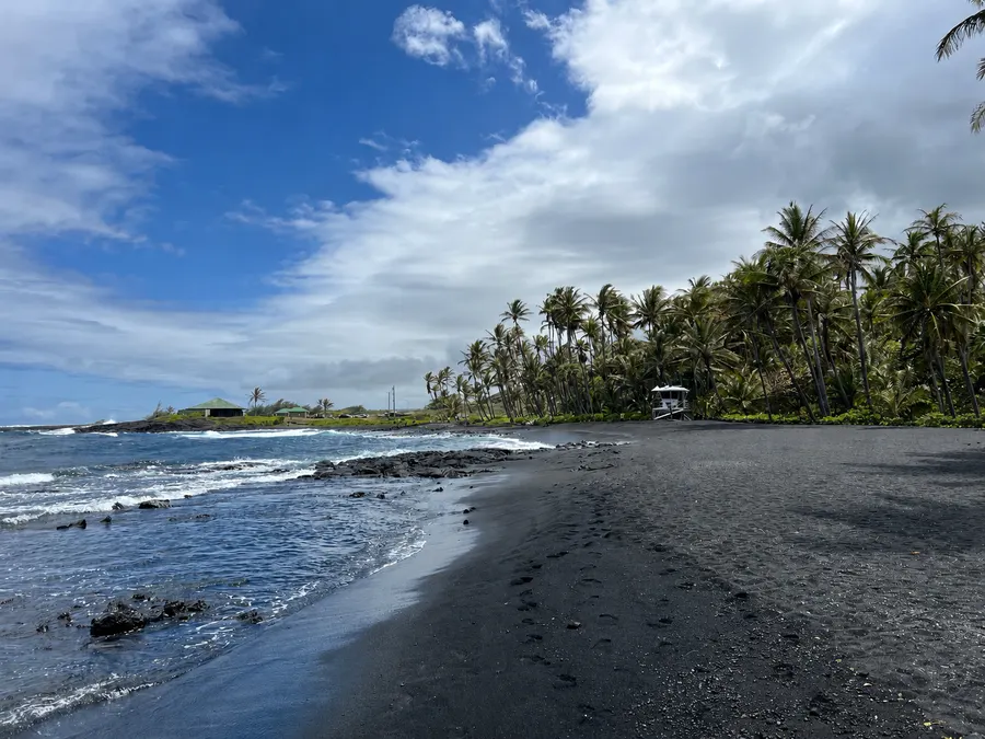 Punaluʻu's black sand shoreline with a lifeguard tower under the palms